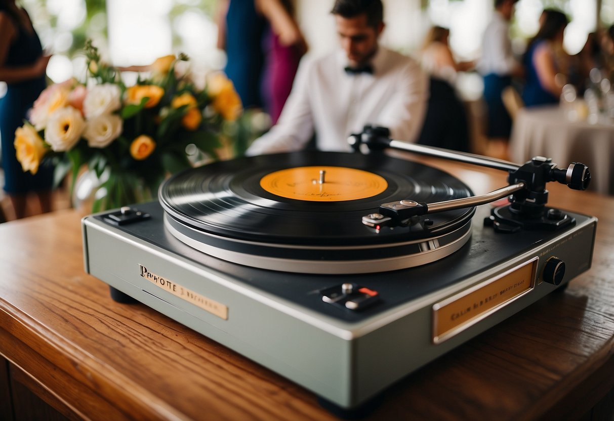 A vintage turntable spins as guests sign vinyl records at a wedding. Tables are adorned with record sleeves and pens for a unique guest book experience