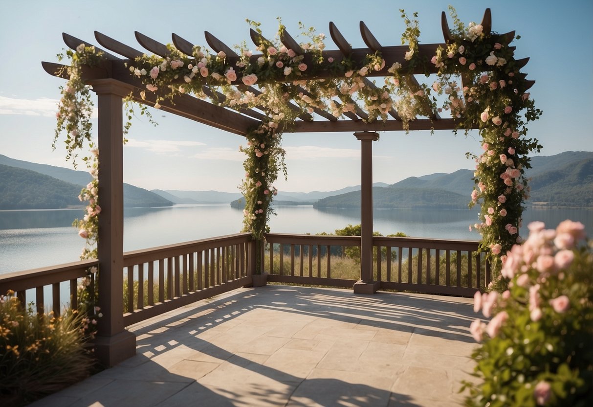 A pergola adorned with flowers and draped fabric, set against a scenic backdrop of rolling hills and a serene lake