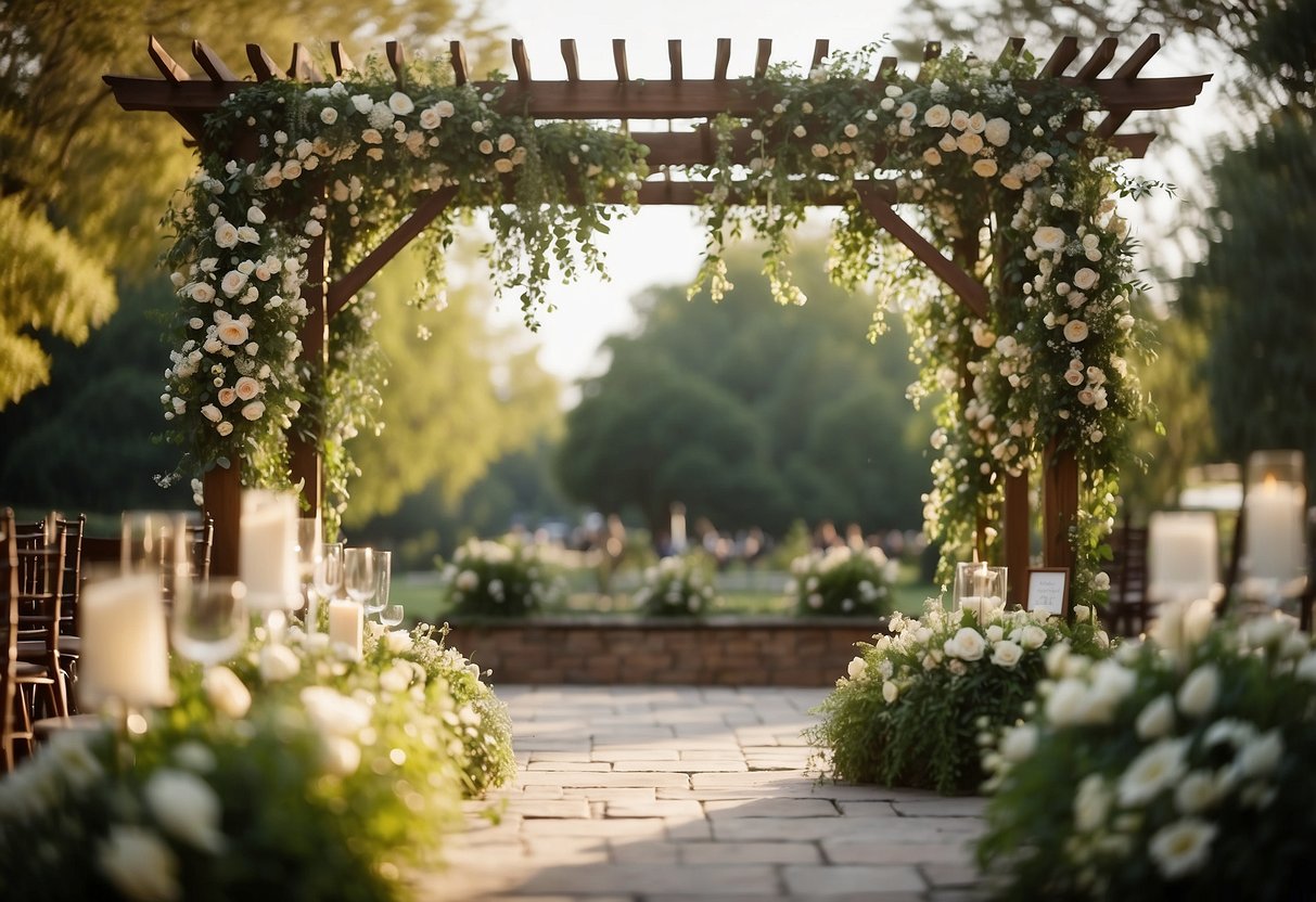 A floral-embellished pergola stands as the focal point of a romantic wedding ceremony, adorned with cascading blooms and lush greenery, creating a dreamy and enchanting setting