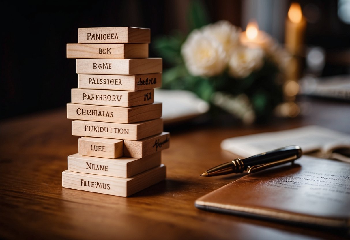 A stack of wooden Jenga blocks arranged as a unique guest book for a wedding, with a pen nearby for guests to sign their names