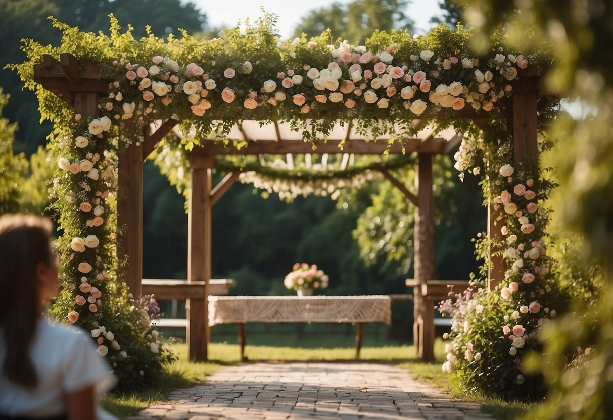 A rustic wooden pergola stands adorned with delicate flowers, creating a romantic setting for a wedding ceremony