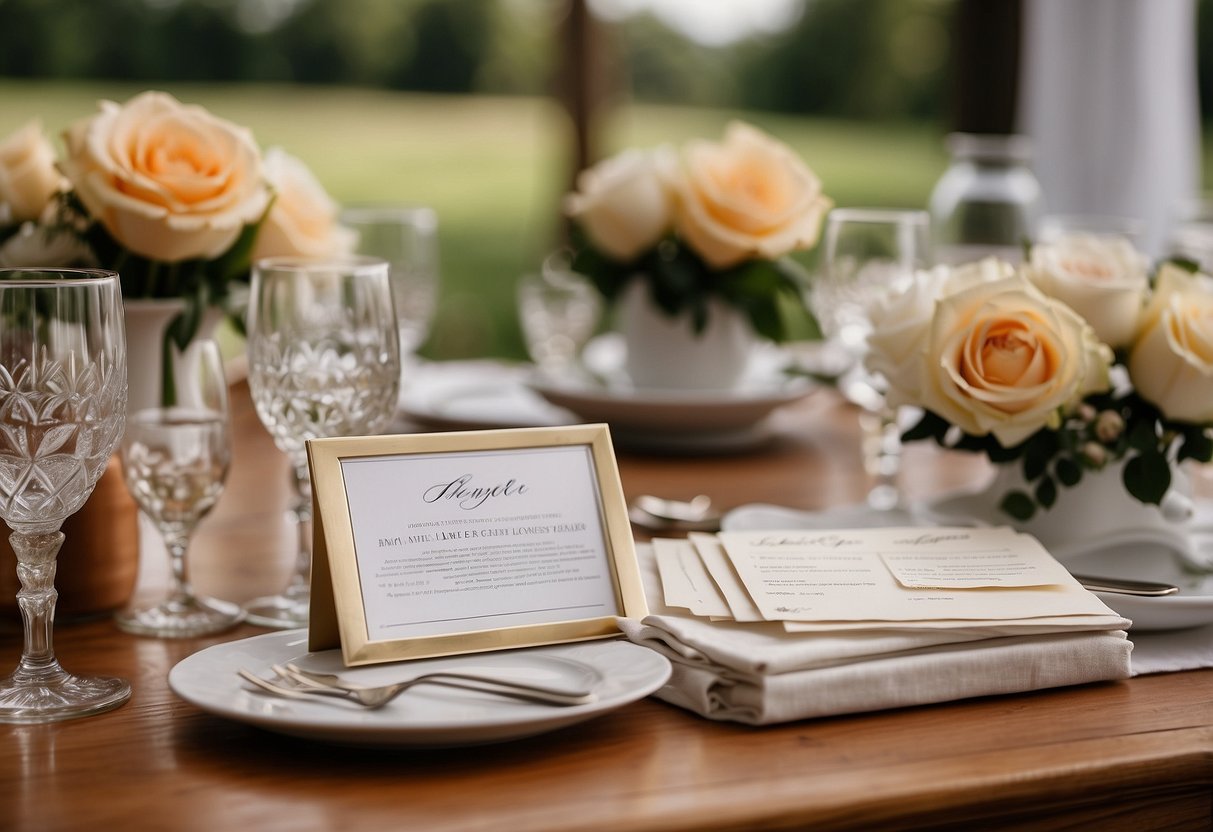 A table set with custom recipe cards as guest book at a wedding. Pen and decorative holder nearby