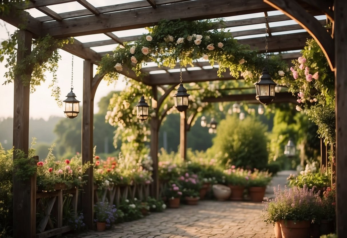 A rustic wooden pergola adorned with vintage lanterns, surrounded by lush greenery and blooming flowers