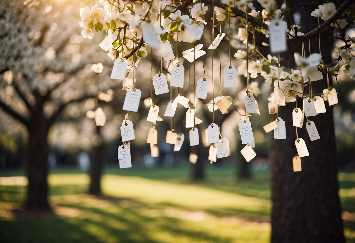 A tree adorned with hanging tags, each holding a handwritten message from wedding guests. The tree stands in a serene garden, surrounded by blooming flowers and fluttering butterflies