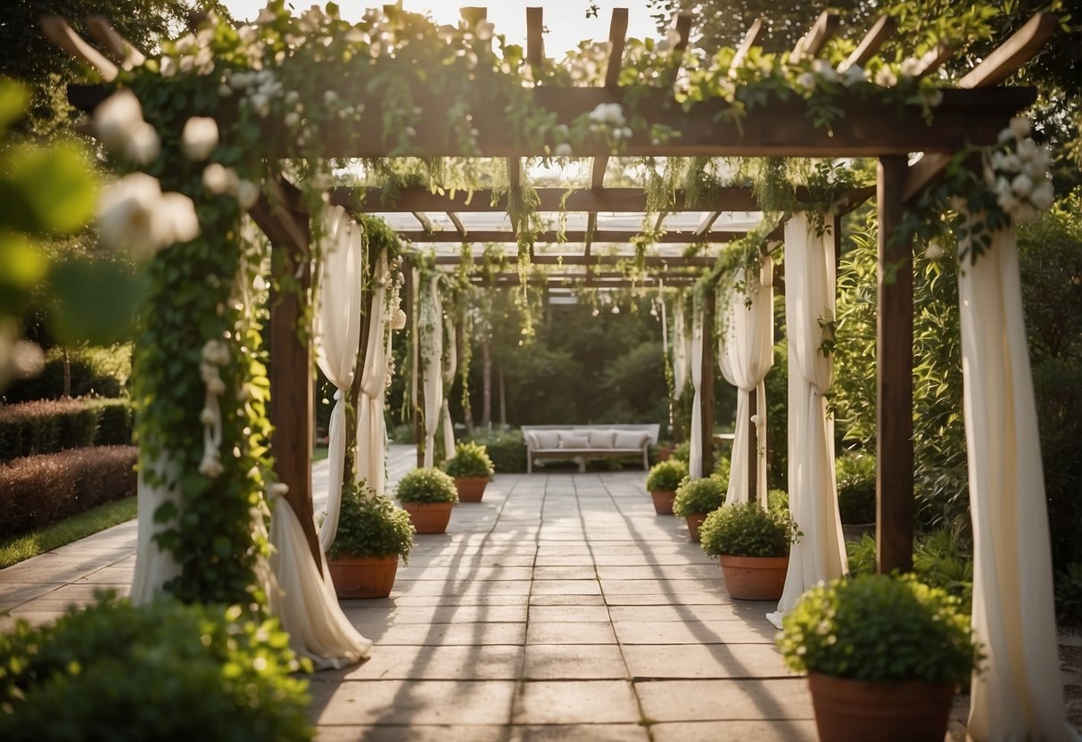 A vine-wrapped pergola stands in a garden, adorned with flowers and draped fabric, creating a romantic setting for a wedding ceremony