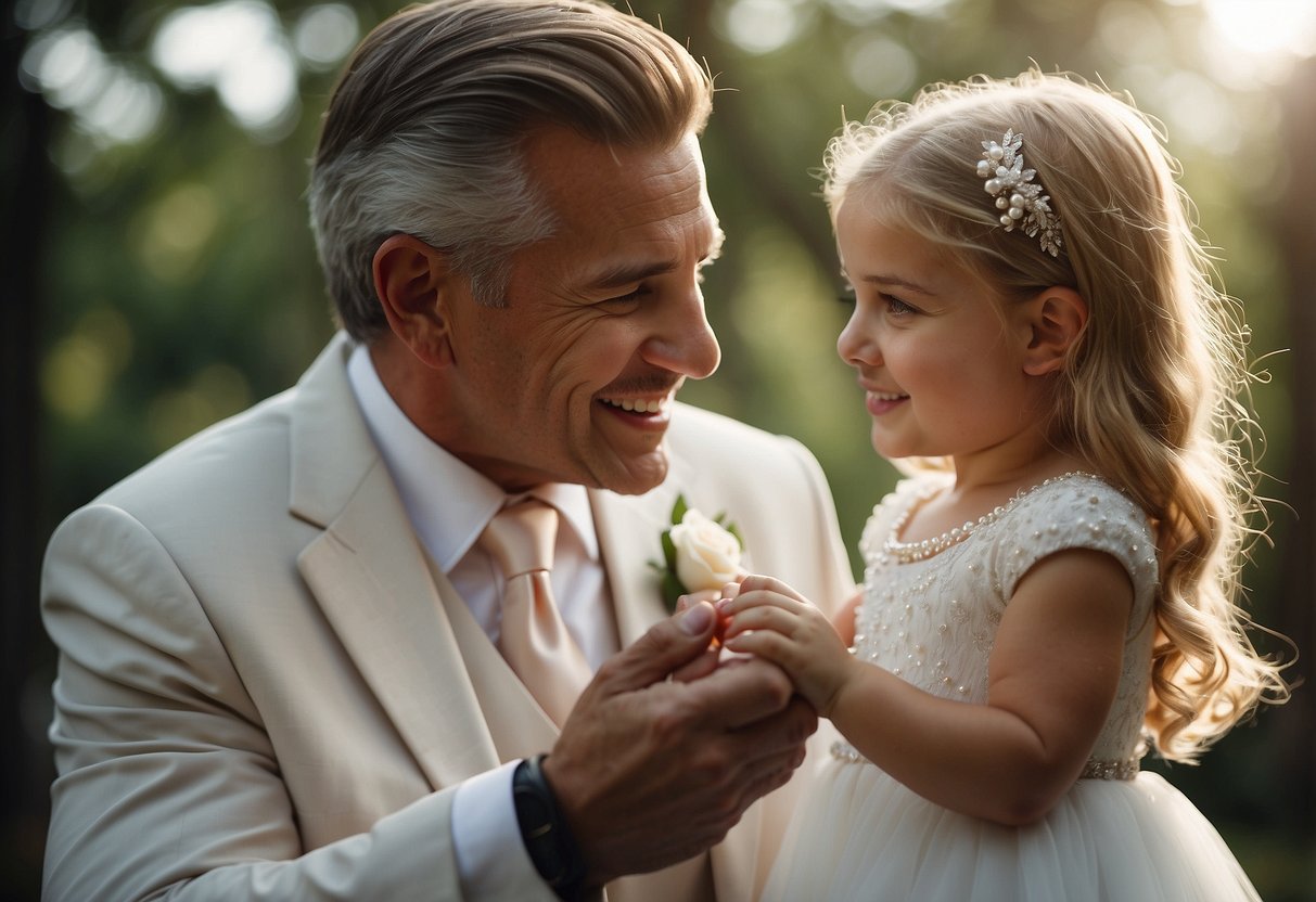 A dad presents a delicate pearl necklace to his daughter on her wedding day