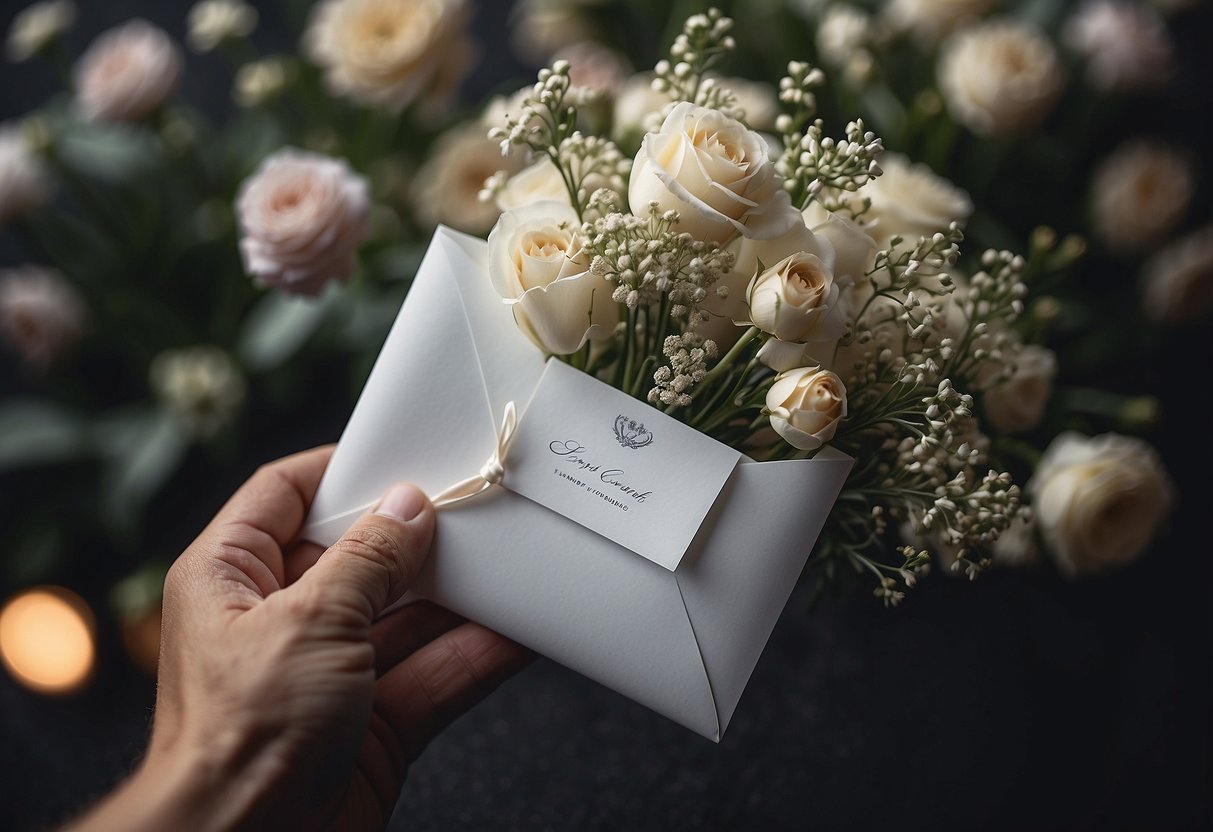 A father's hand holds a sealed envelope with a handwritten letter, adorned with a delicate ribbon and a small bouquet of flowers