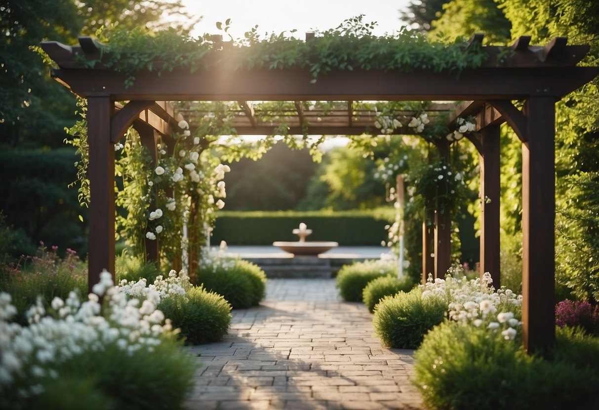 A lush garden pergola adorned with fresh greenery and blooming flowers, creating a picturesque setting for a wedding ceremony