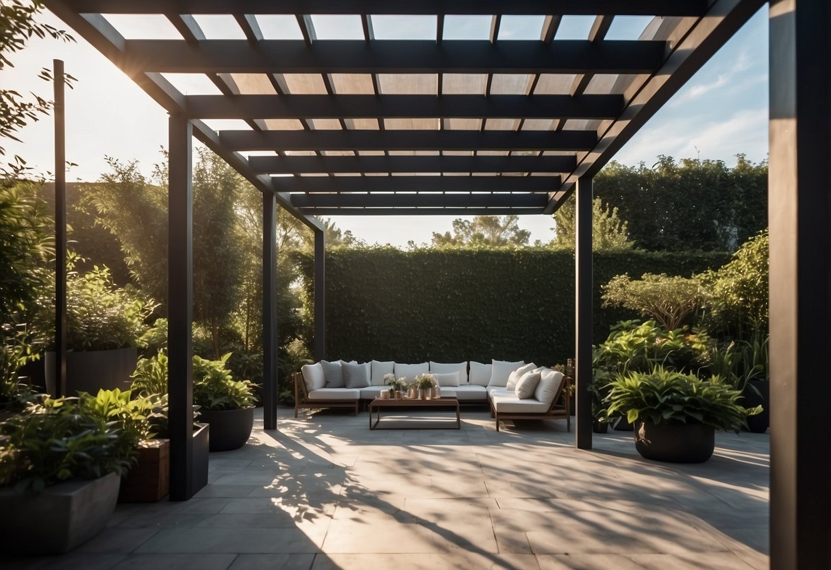 A sleek, open-air pergola with clean lines and minimal decor, surrounded by lush greenery and soft lighting