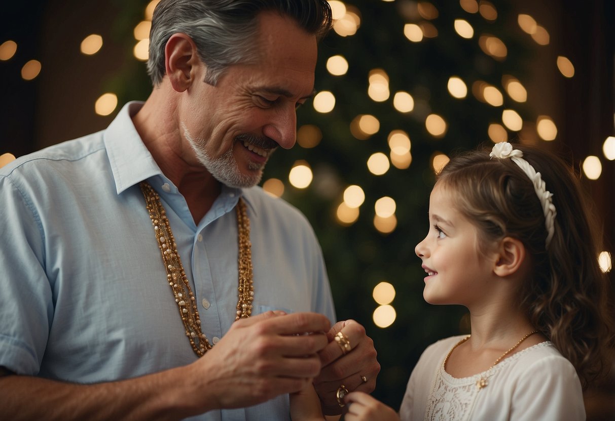 A father presents his daughter with a delicate, antique necklace, symbolizing their family's enduring love and cherished traditions