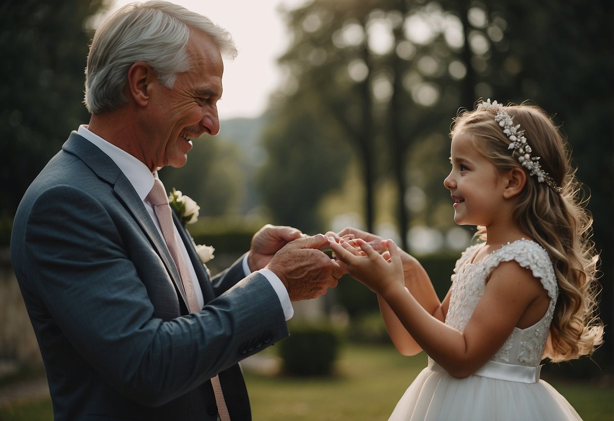 A father presenting a delicate necklace to his daughter on her wedding day