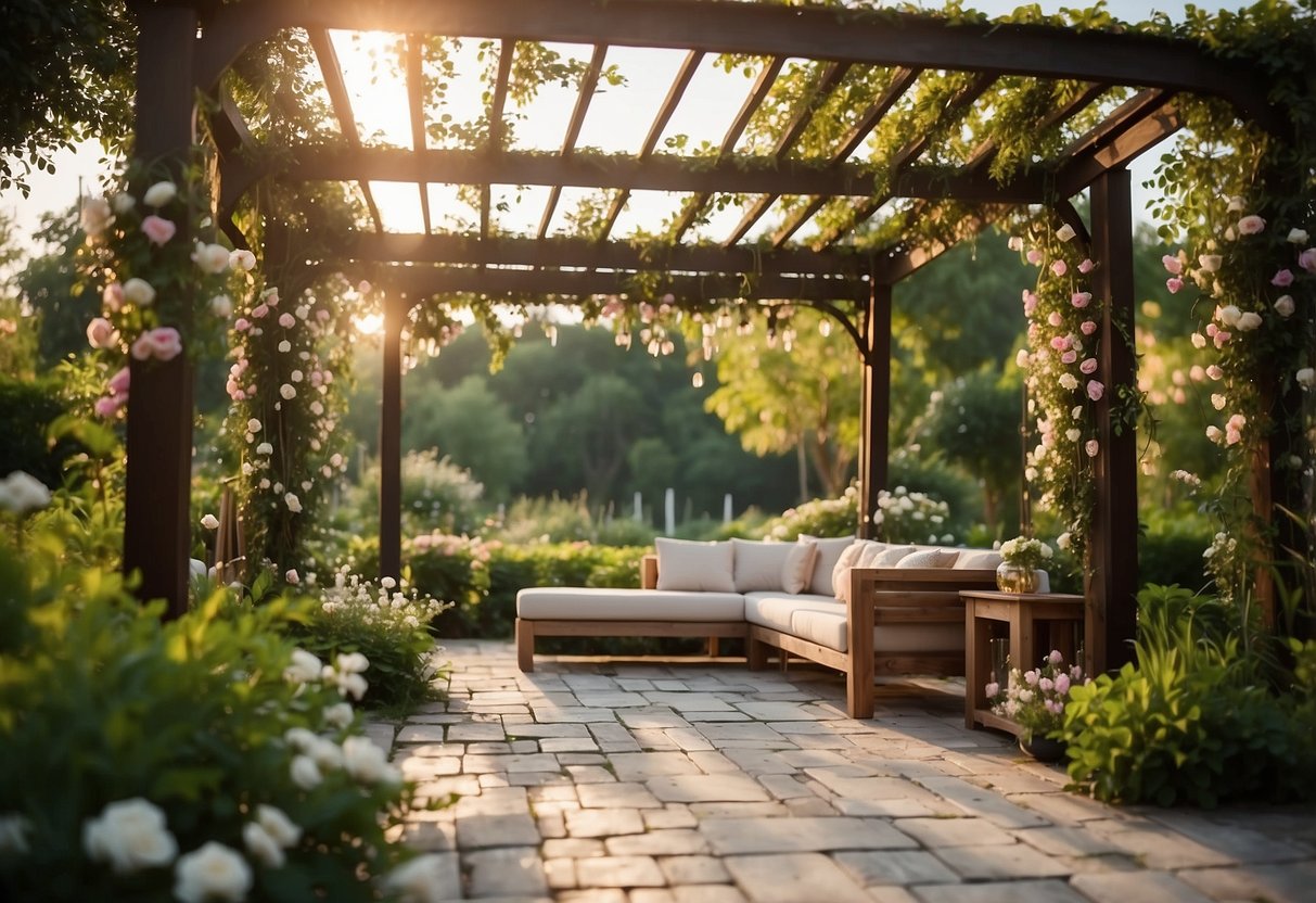 A serene garden setting with a beautifully adorned pergola, surrounded by lush greenery and blooming flowers. The pergola is elegantly decorated with flowing fabric and twinkling lights, creating a romantic and intimate atmosphere