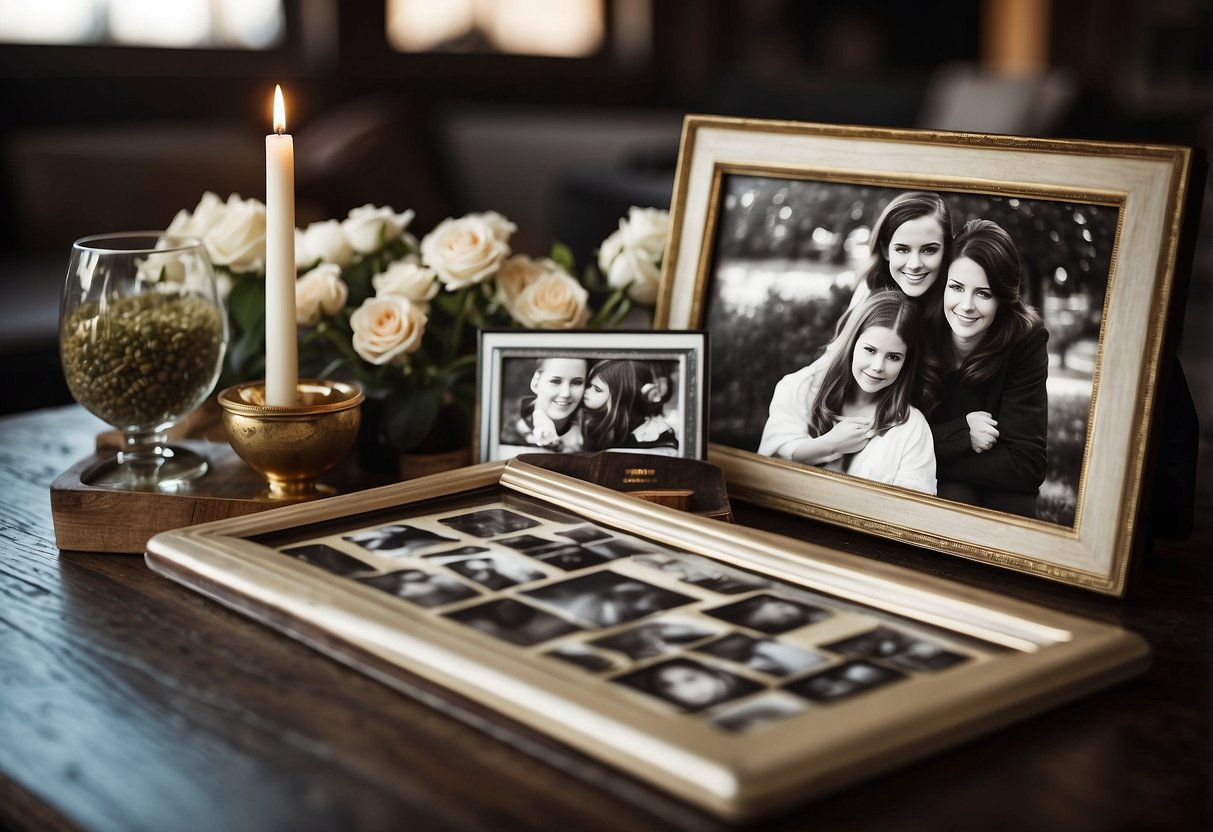 A framed photo collage sits on a table, filled with cherished memories of a father and daughter