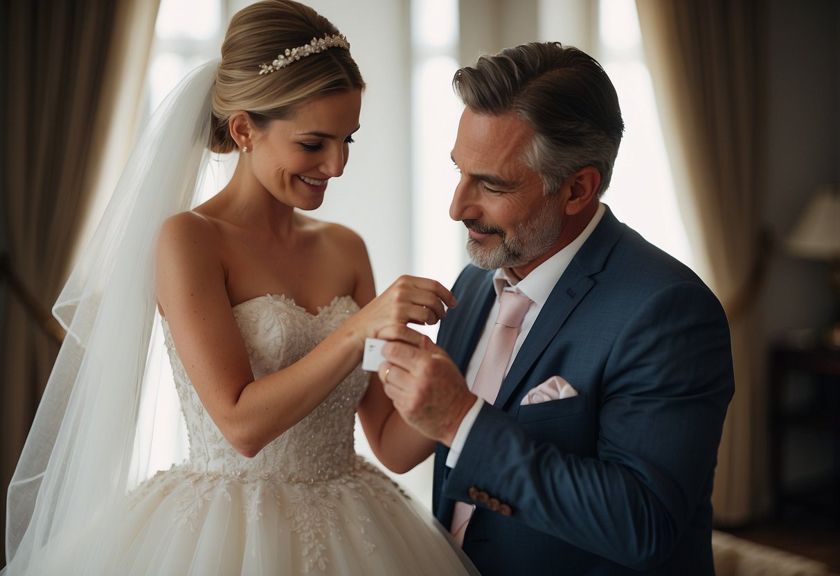 A father holding a custom wedding dress tag, with a tear in his eye, as he prepares to give it to his daughter on her wedding day