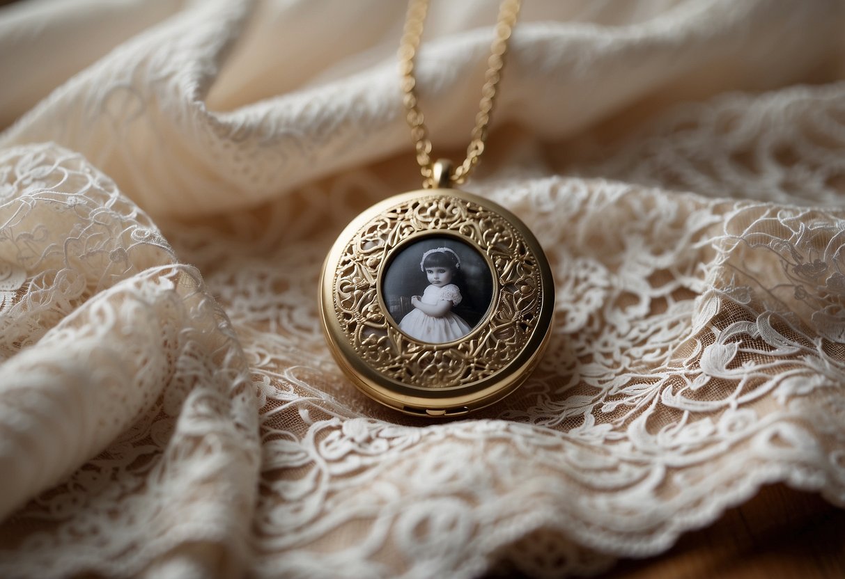 An open locket displaying a photo, resting on a delicate lace handkerchief