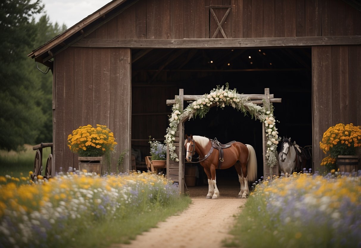 A rustic barn adorned with wildflowers and cowboy boots, a wooden arch draped in lace, and a horse-drawn carriage await the bride and groom