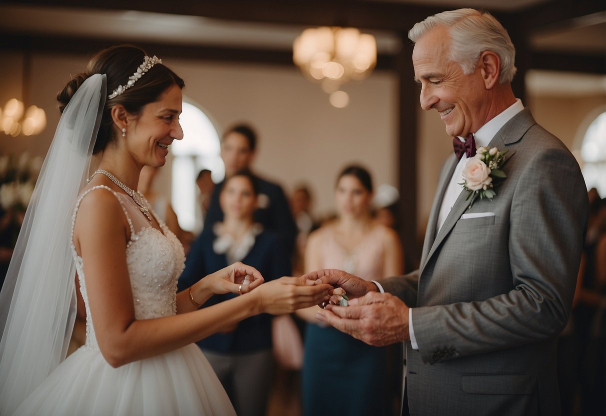 A father presents a delicate necklace to his daughter on her wedding day