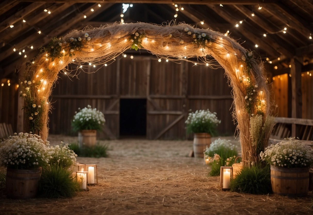 A rustic barn adorned with string lights, hay bales, and wildflowers. A wooden arch stands at the center, draped with lace and burlap