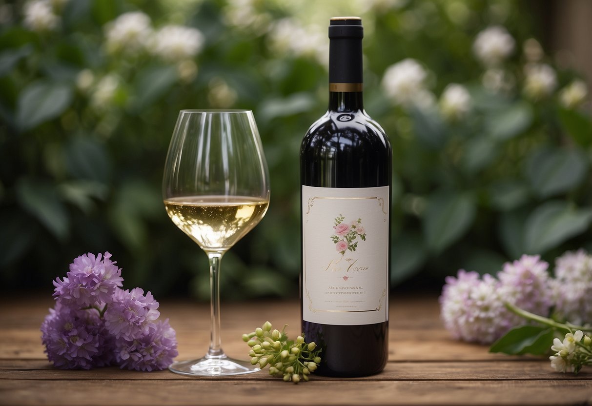 A wine bottle with a personalized label, adorned with elegant ribbons and surrounded by delicate flowers and greenery