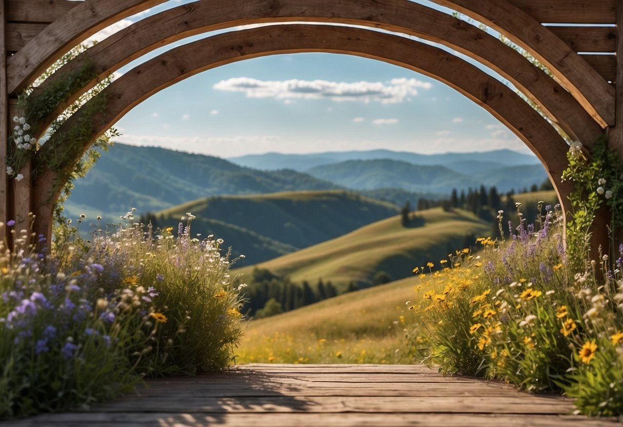 A rustic wooden archway adorned with wildflowers and burlap accents, set against a backdrop of rolling hills and a big blue sky