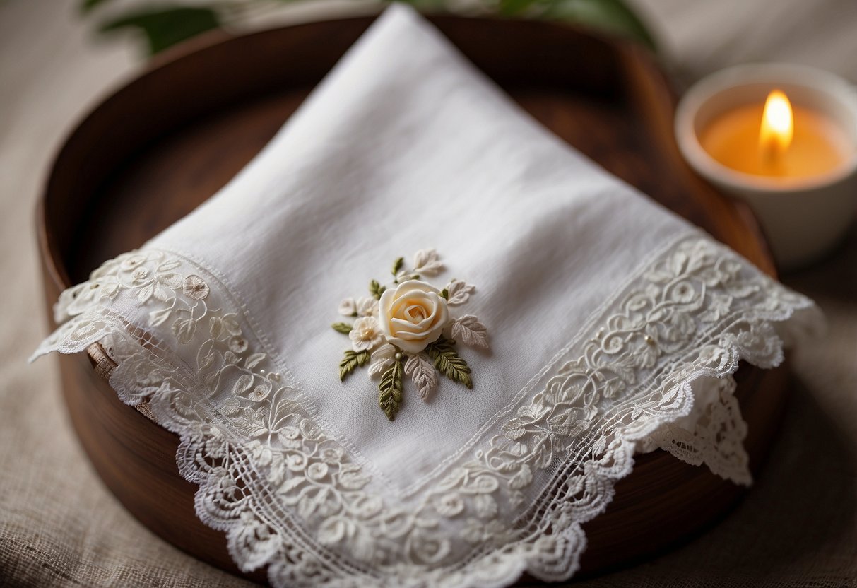 A personalized handkerchief with delicate lace trim and the daughter's initials embroidered in a corner, presented in a small gift box