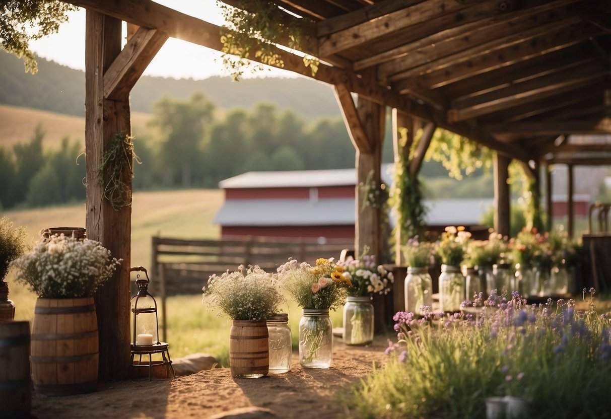 A rustic barn setting with lace gowns hanging on wooden beams, cowboy boots, and wildflowers in mason jars