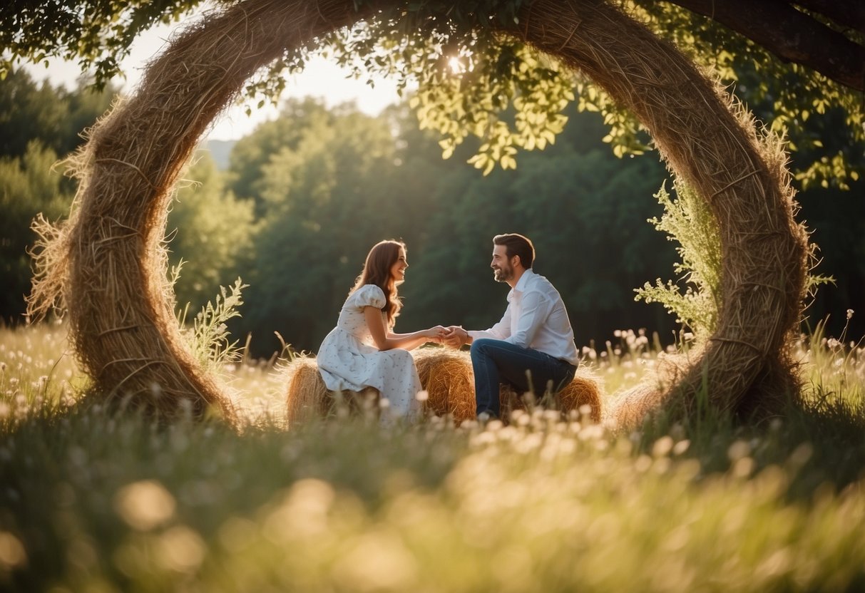 Guests sit on hay bales in a rustic outdoor setting. A wooden arch adorned with wildflowers stands at the front. Sunlight filters through the trees, creating a warm and intimate atmosphere