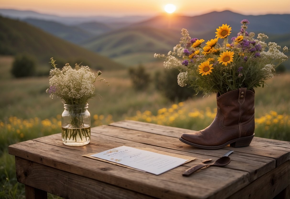 A rustic wooden table adorned with handmade invitations, cowboy boots, and wildflowers, set against a backdrop of rolling hills and a sunset sky