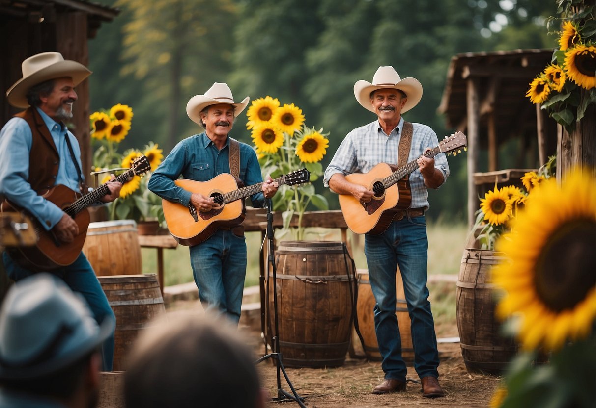 A lively bluegrass band performs at a western-themed wedding, surrounded by cowboy boots, sunflowers, and rustic decor