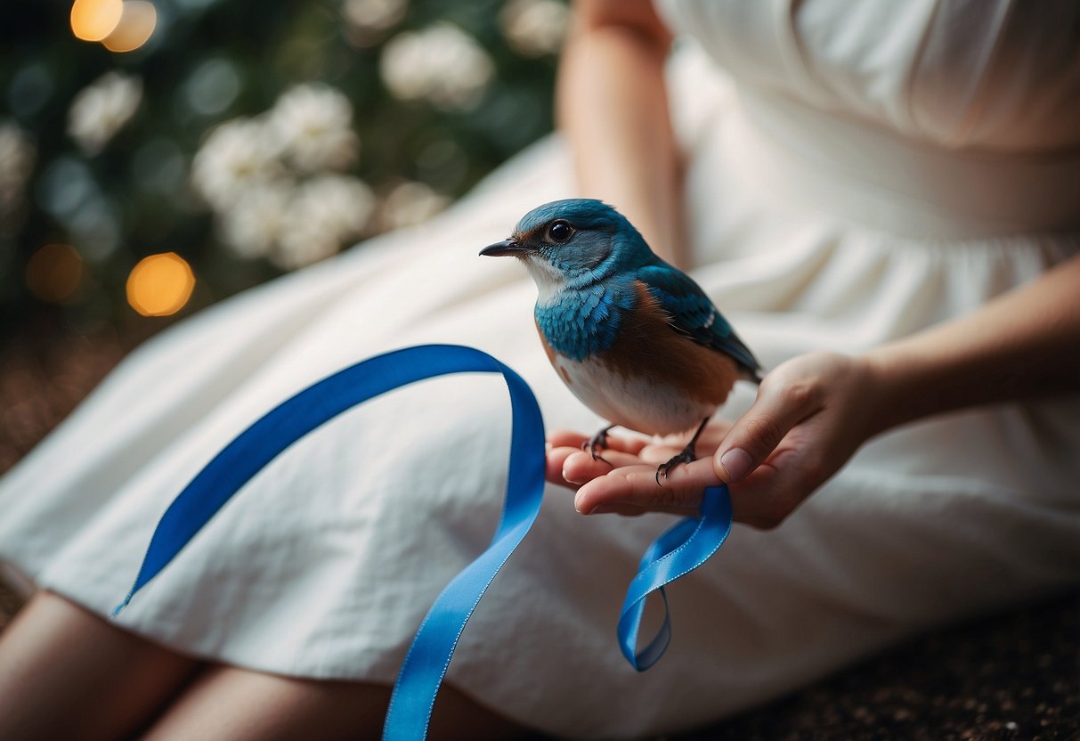 A small blue bird drops a ribbon at the bride's feet