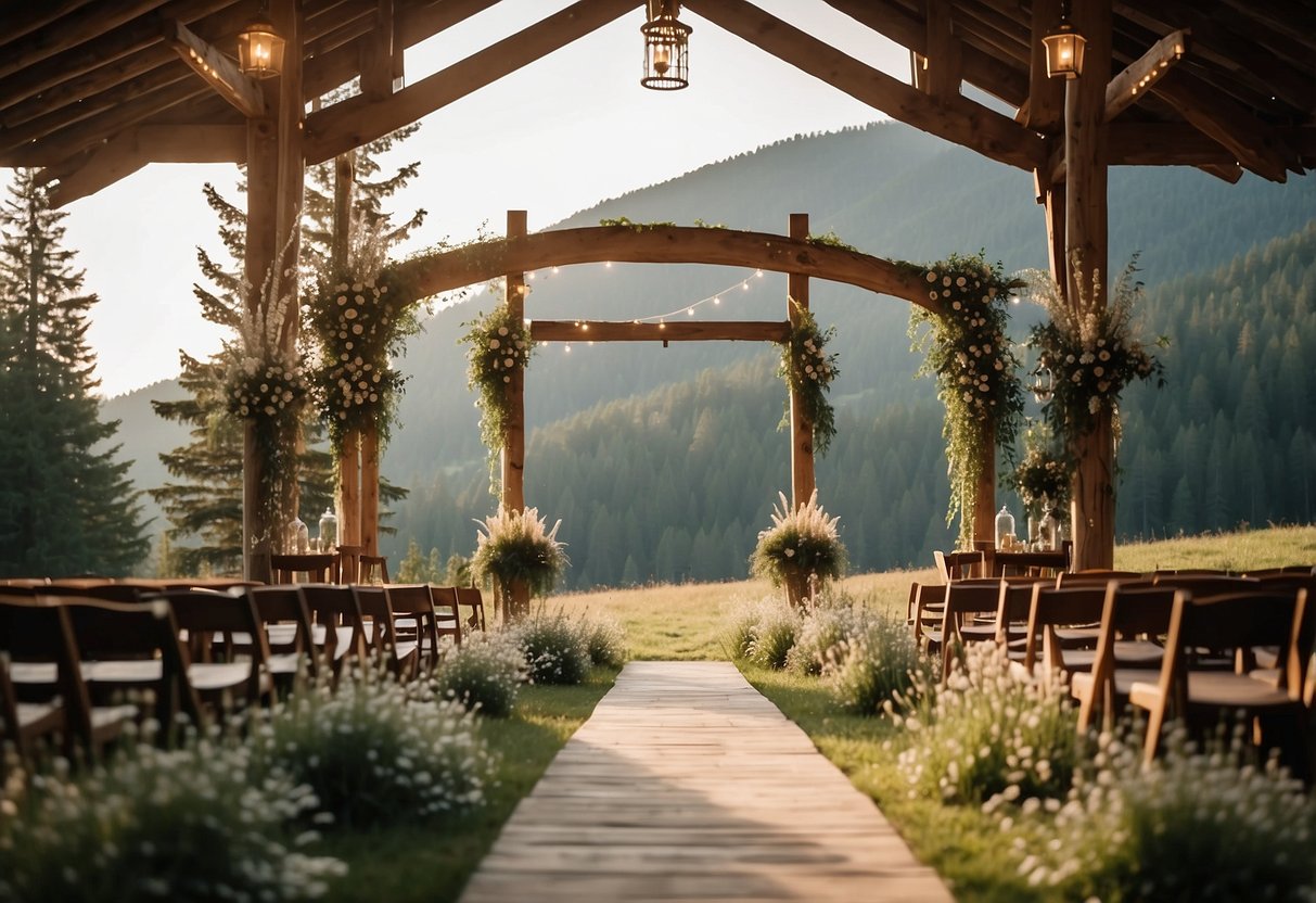 A rustic barn nestled in a picturesque valley, surrounded by rolling hills and towering pine trees. A wooden arch adorned with wildflowers stands at the entrance, while string lights illuminate the cozy outdoor reception area