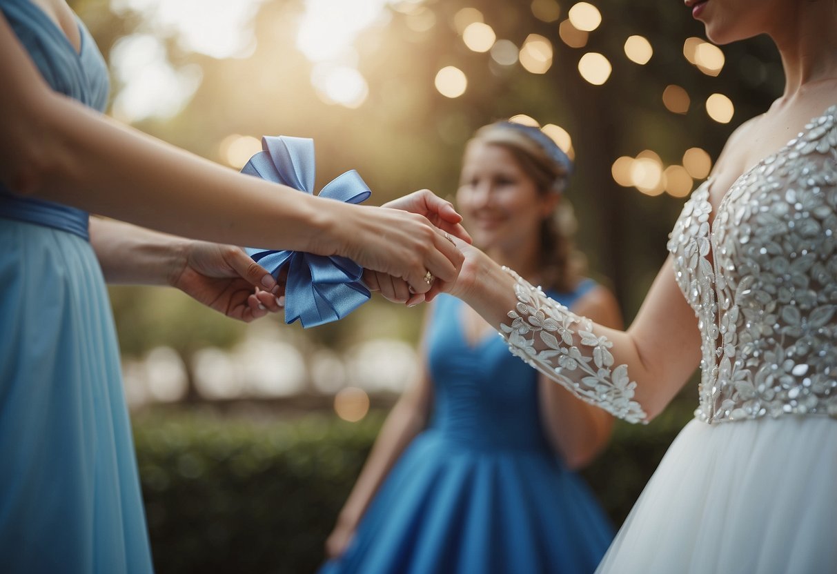 A bride receives a blue item from her best friend