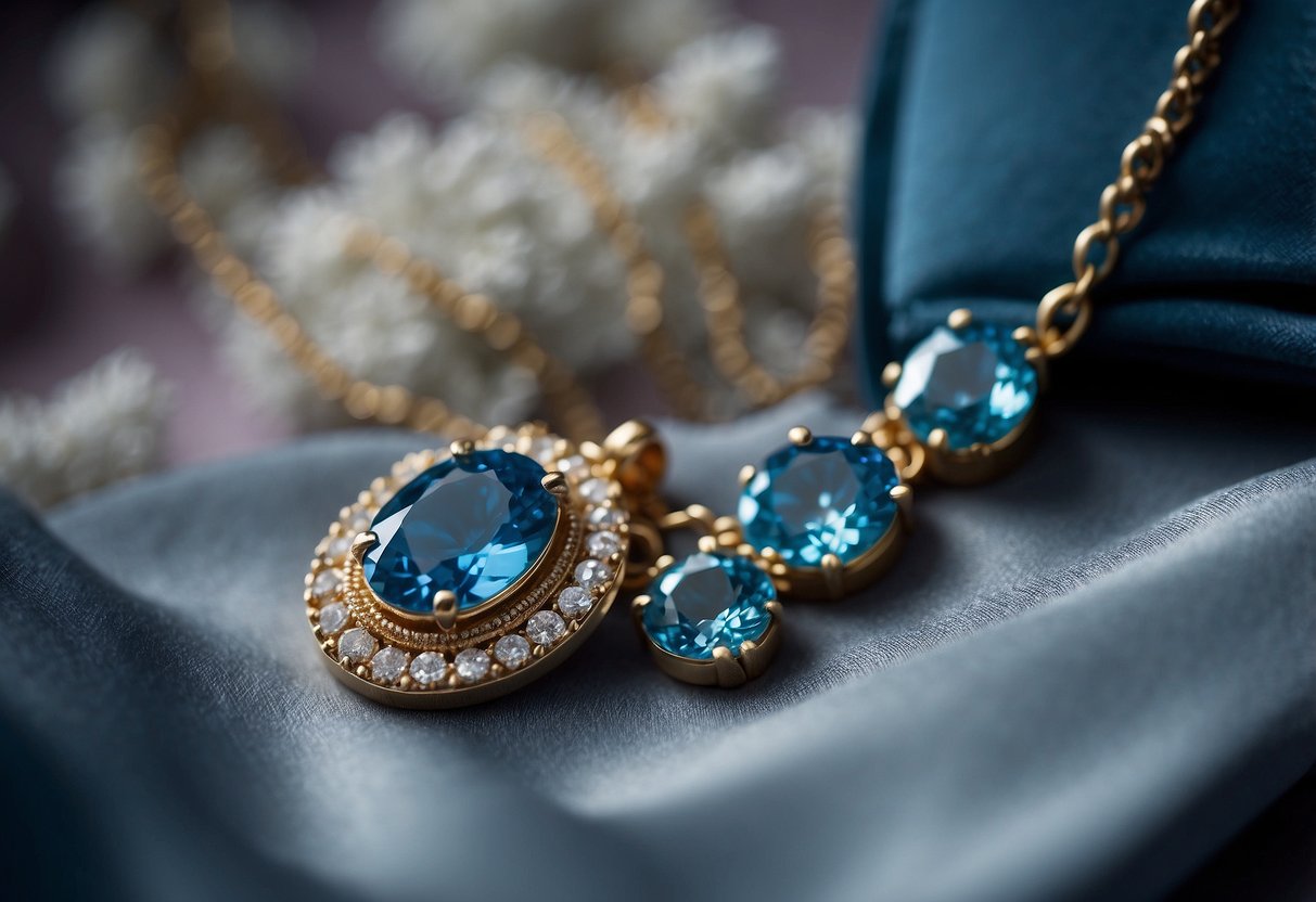 A delicate blue necklace rests on a velvet cushion, a gift from the bride's mother, symbolizing tradition and love