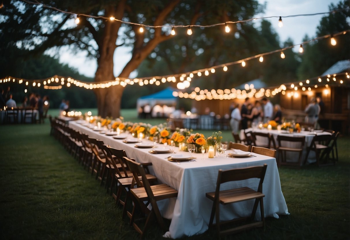 A colorful outdoor wedding reception with a rustic BBQ spread, string lights, and a festive atmosphere