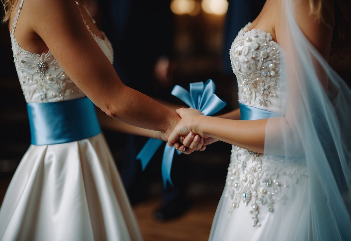 A garter with a blue ribbon being handed to a bride