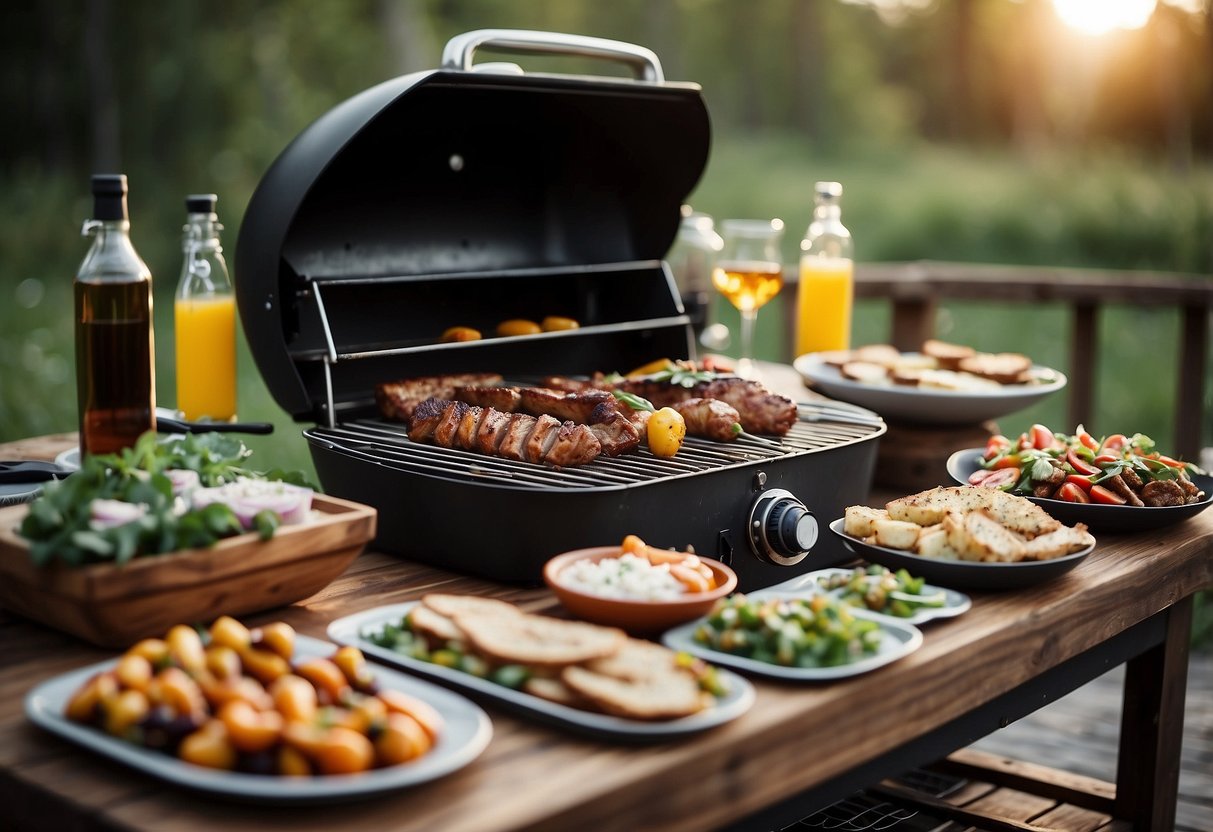 A festive outdoor grill station with colorful decorations and a variety of bbq wedding food spread out on a rustic wooden table