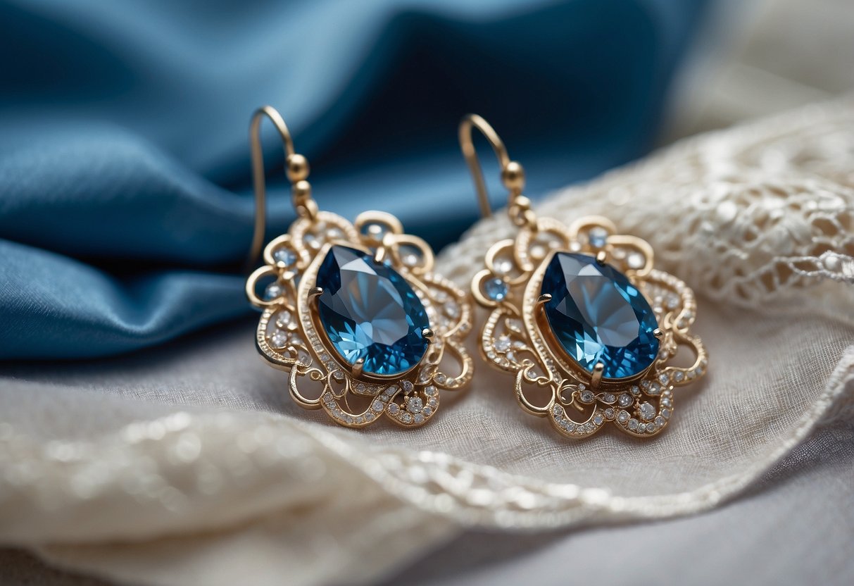 A pair of blue earrings resting on a delicate lace fabric, symbolizing a sister's gift to a bride