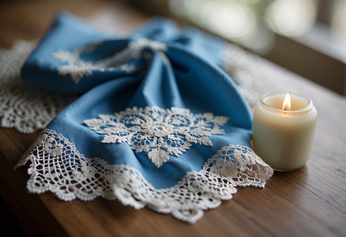 A blue handkerchief sits on a lace doily, a gift from her grandmother for the bride's "something blue."