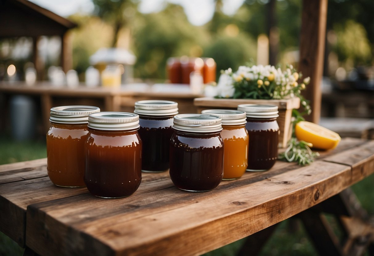 A rustic outdoor wedding setting with a BBQ sauce bar, featuring wooden barrels, mason jar dispensers, and a variety of sauce flavors