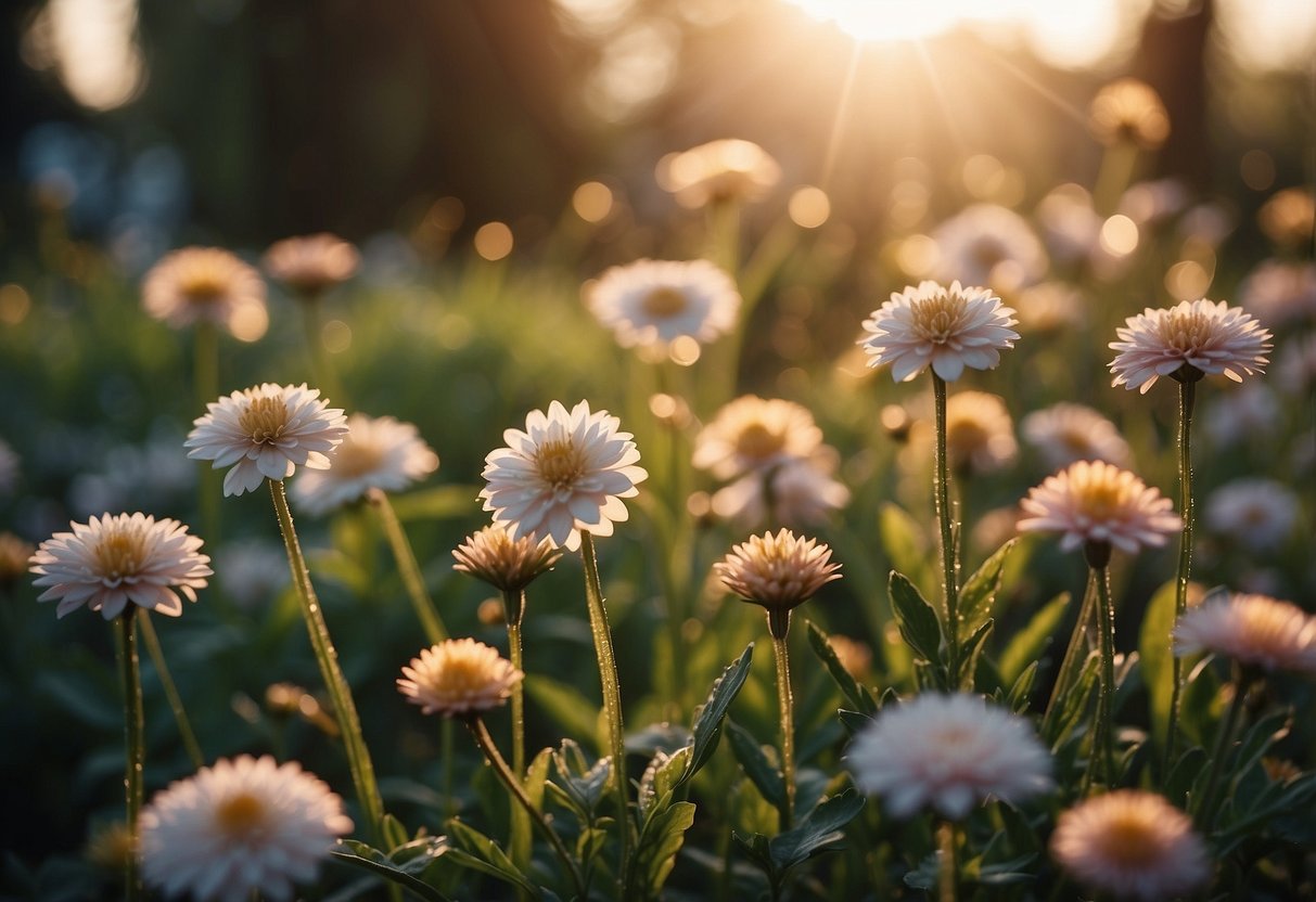 Sunrise over a serene garden, with dew-kissed flowers and elegant decor. A tranquil atmosphere filled with anticipation and love