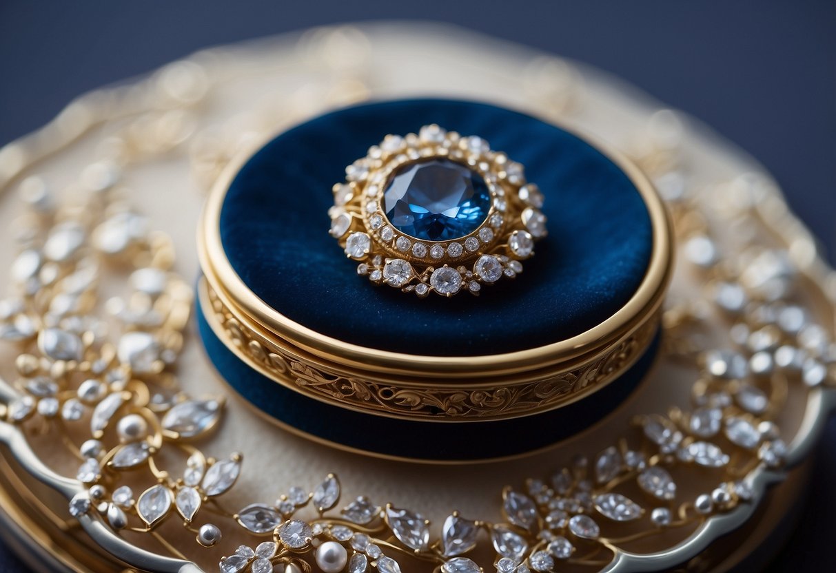 A delicate blue brooch nestled in a velvet box, a thoughtful gift from her aunt to bring luck on her wedding day