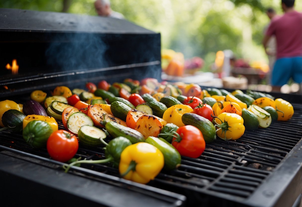 A colorful array of grilled summer vegetables sizzling on a barbecue, surrounded by a festive wedding setting