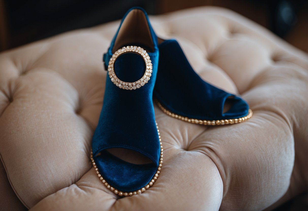 A delicate blue anklet rests on a velvet cushion, a gift from the future mother-in-law to the bride