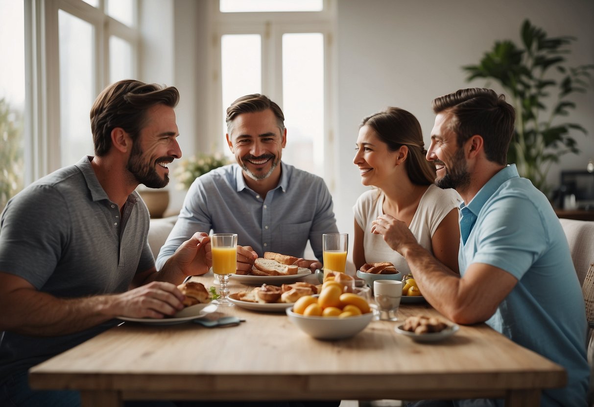 Family enjoys calm breakfast, discussing wedding plans