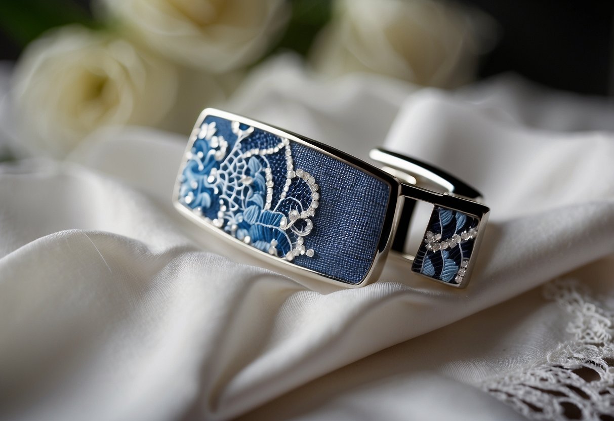 A blue tie clip rests on a lace handkerchief, a gift from the bride's brother for her something blue