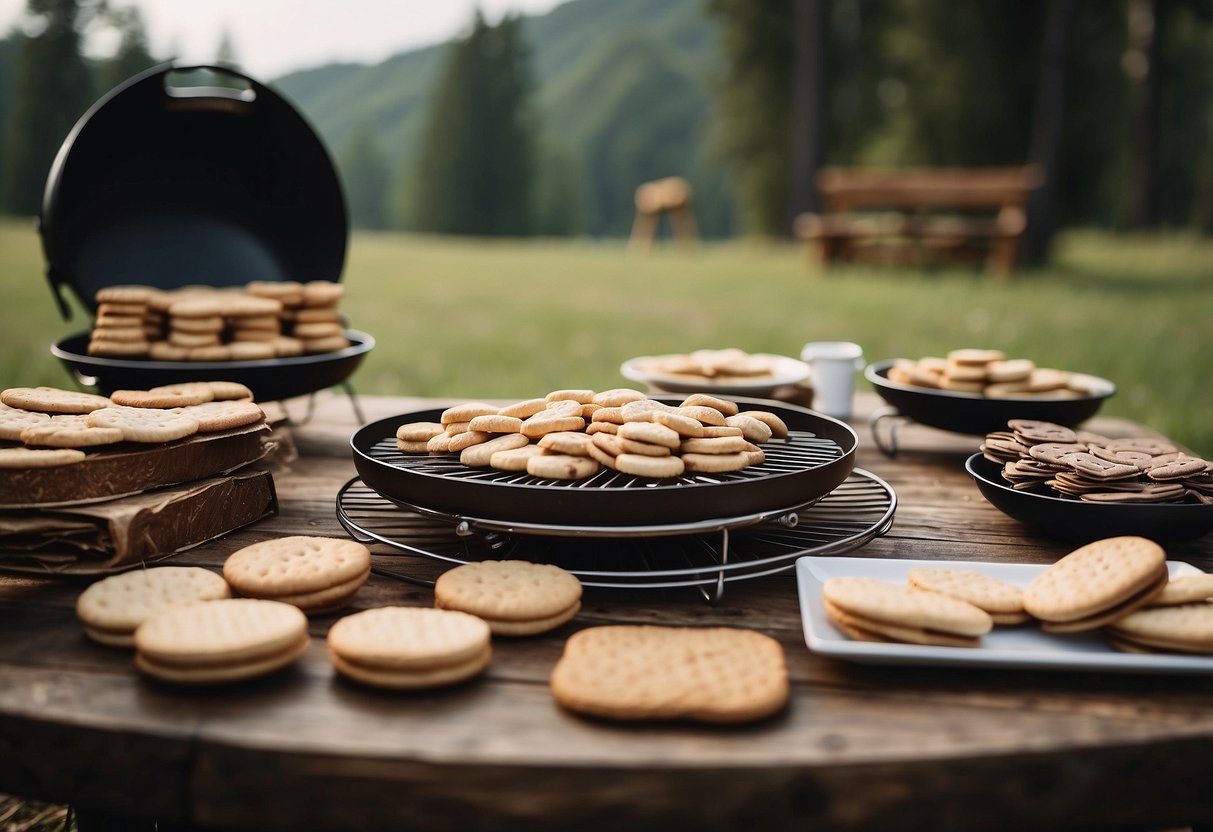 A rustic outdoor wedding with a DIY S'mores station set up next to a BBQ grill, complete with graham crackers, marshmallows, and chocolate for guests to create their own sweet treats