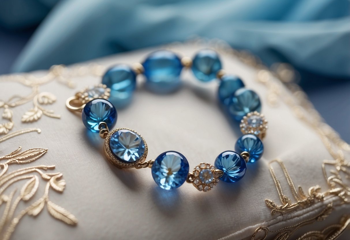 A delicate blue charm bracelet rests on a lace pillow, a gift from the bride's cousin symbolizing something blue