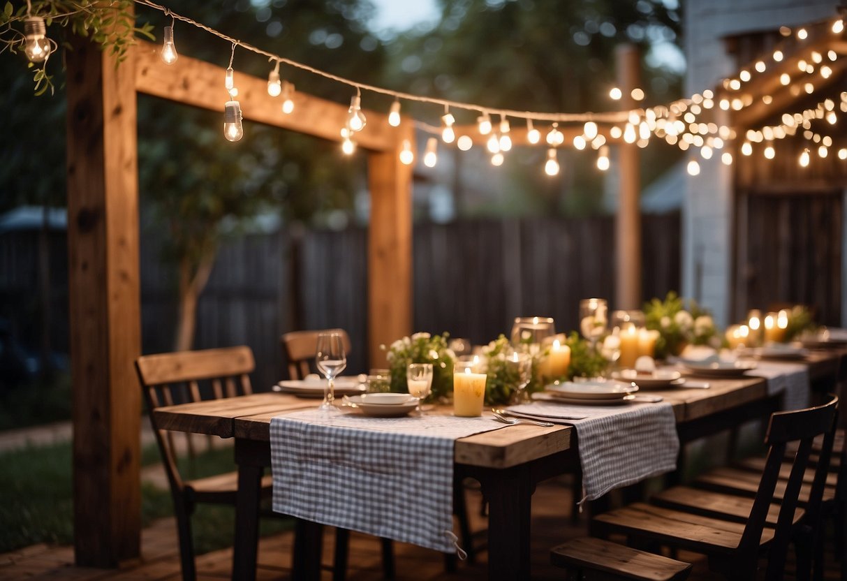 A backyard wedding with personalized BBQ aprons hanging on a rustic wooden fence, surrounded by string lights and a cozy outdoor BBQ setup