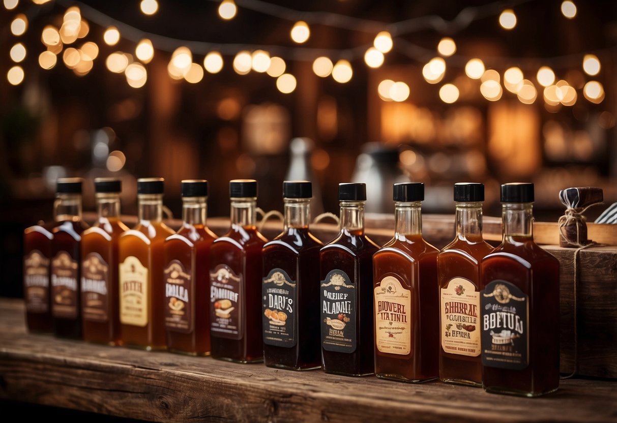 A rustic wooden bar with various BBQ sauce bottles lined up for tasting, surrounded by string lights and floral decorations