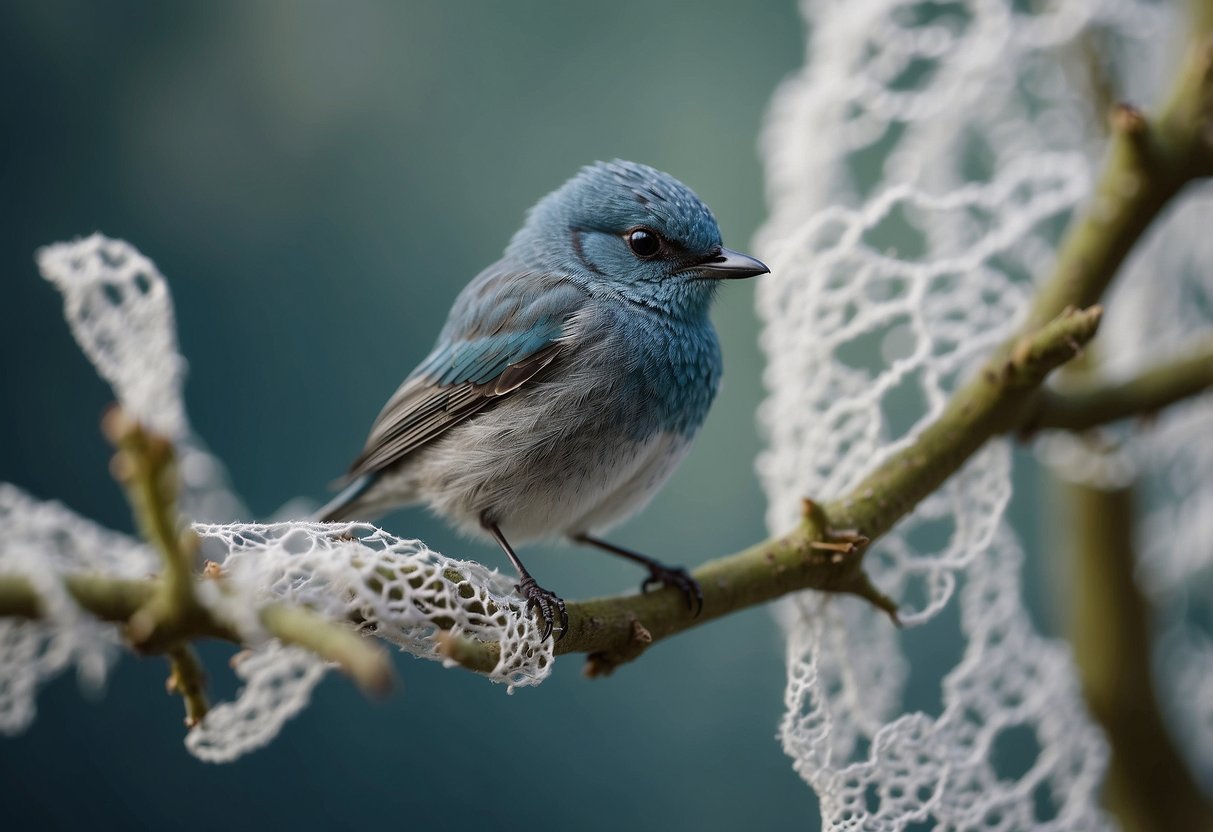 A small blue bird perches on a delicate lace veil, presenting a tiny blue ribbon in its beak